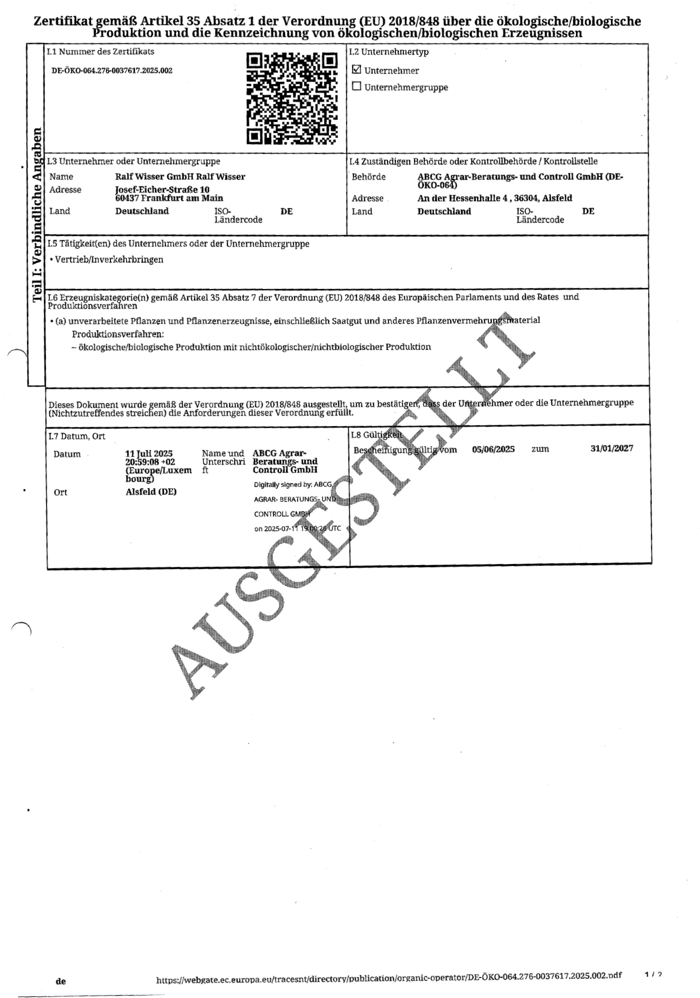 Bio-Zertifikat nach Verordnung (EU) 2018/848 der Ralf Wisser GmbH, 2025